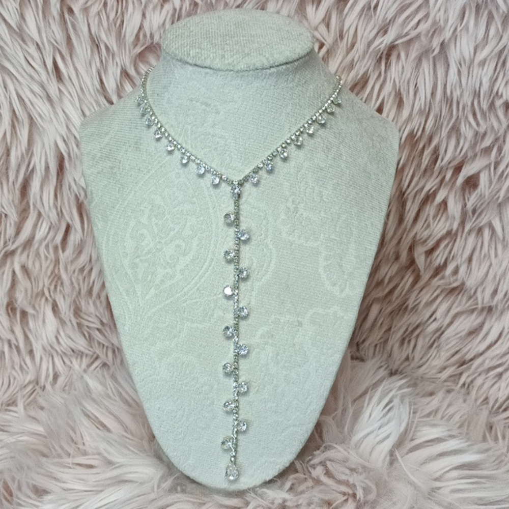 Elegant Teardrop Glamour Silver Cubic Zirconia Drop Y Necklace